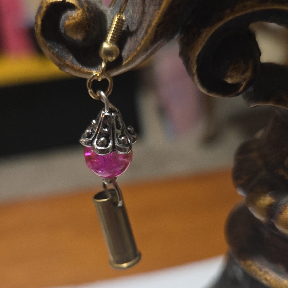 Pink Glass Bead Drop Earrings with Silver-Tone Filigree and 22 Bullet Casing